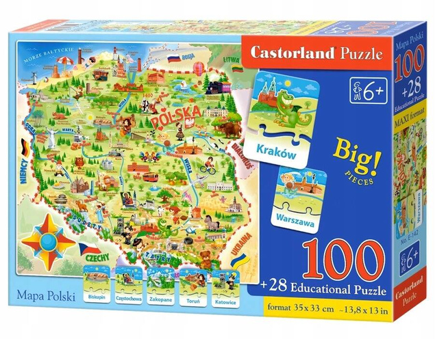 Puzzle 100 Układanka MAPA POLSKI Dla Dzieci 28 Puzzli z Miastami 6+ Castor