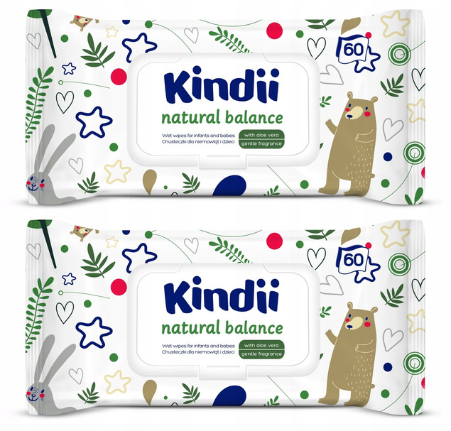KINDII Chusteczki NAWILŻANE Natural Balance 60 szt. z Klapką x2