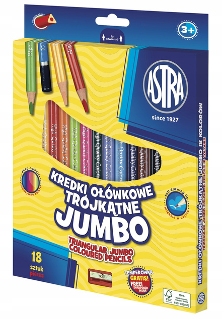 Kredki Ołówkowe Trójkątne Jumbo z Temperówką 18 Kolorów 3+ Astra