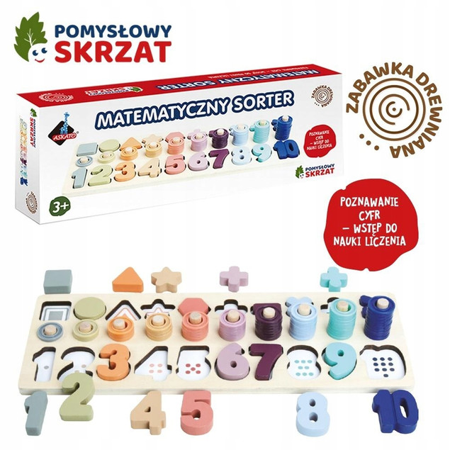 ASKATO Drewniany Sorter Matematyczny Nauka Cyferek Liczenie Kolory 3+