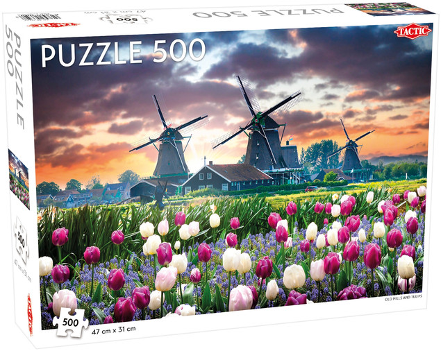 Puzzle Tactic 500 elementów Old Mills and Tulips – Krajobraz Starych Młynów i Tulipanów