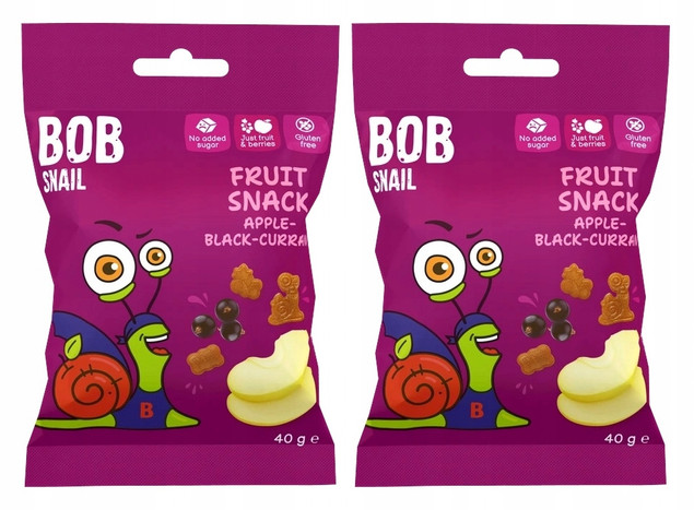 2x BOB SNAIL Żelki Owocowe JABŁKO CZARNA PORZECZKA Bez Dodatku Cukru 80g