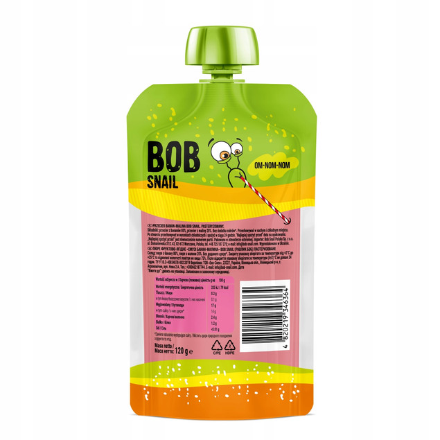 Mus owocowy 100% owoców bez dodatku cukru BOB SNAIL Banan Malina 10х120 g