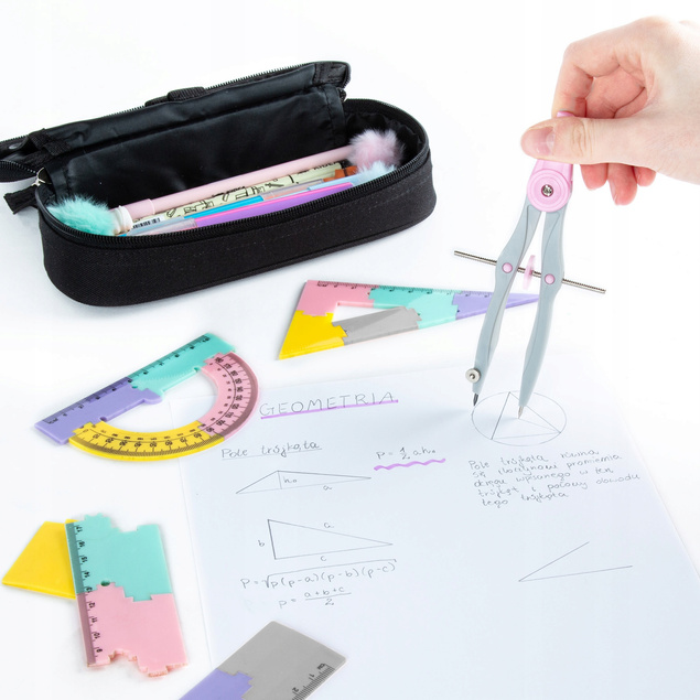 Zestaw Geometryczny 4 Elementy 20 cm CYRKIEL EKIERKA KĄTOMIERZ Pastel Kidea