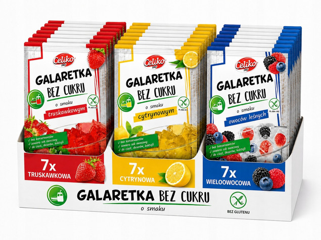 Galaretka Celiko BEZ CUKRU Truskawkowa, Cytrynowa, Owoce leśne MIX 21 szt.
