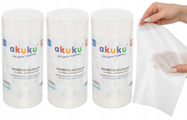 3x AKUKU Hipoalergiczne Ręczniki Chusteczki BAMBUSOWE Jednorazowe 100szt