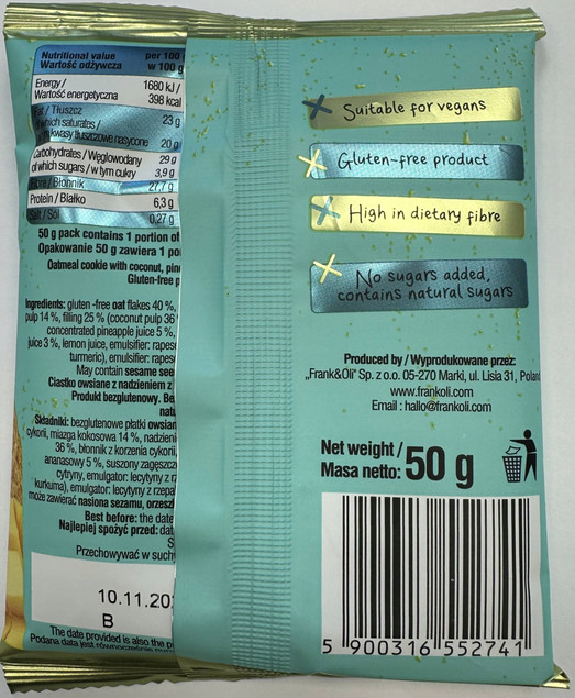 Frank & Oli Smoothie Cookie Bezglutenowe Kokos Ananas Mango 50g x16