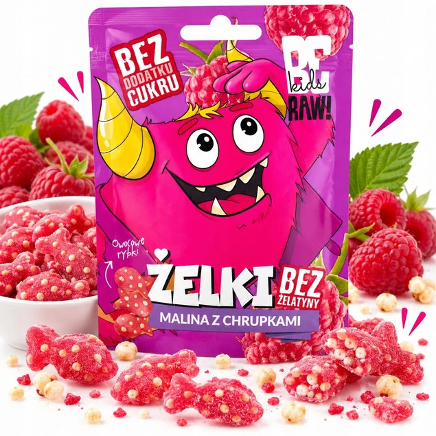 BE RAW KIDS żelki malina z chrupkami