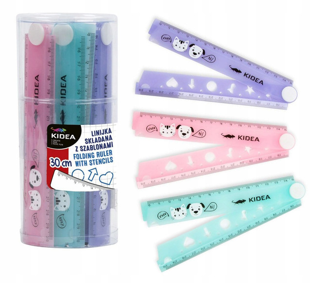 36x Linijka Składana PASTELOWA z Szablonami 30cm KIDEA 97418