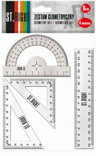 Przybory Geometryczne 4 Elementy LINIJKA 15cm EKIERKA x2 KĄTOMIERZ St.Right