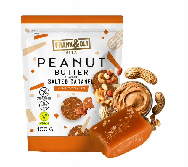 FRANK&OLI Ciasteczka Mini MASŁO ORZECHOWE CZEKOLADA SŁONY KARMEL 100g x8