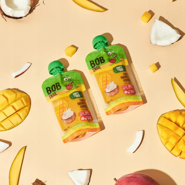 Mus owocowy 100% owoców bez dodatku cukru BOB SNAIL Mango Kokos 10х120g_6
