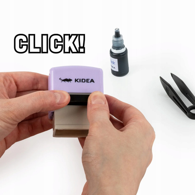 Stempel do tkanin z literkami KIDEA – fioletowy i beżowy, 0,1 kg
