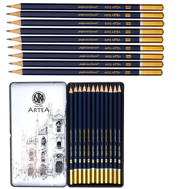 Ołówki Techniczne Do Szkicowania 12 Sztuk 8B-3H Metalowy Box Astra