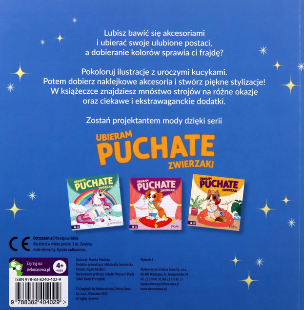 Ubieram Puchate Zwierzaki Kucyki: Ubieranka, Kolorowanka z Naklejkami Zielona Sowa