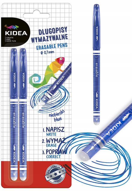 Długopis Zmazywalny Niebieski 0,7 mm Wymazywalny Ścieralny Z Gumką Kidea 2 sztuki