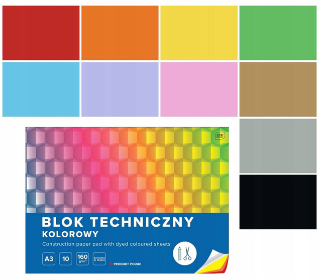 3 SZT. X BLOK TECHNICZNY KOLOROWY A3 10 ARKUSZY, 160G, INTERDRUK