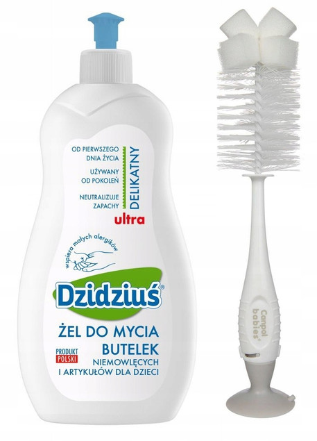 Zestaw Do Czyszczenia Butelek: DZIDZIUŚ Żel + CANPOL Szczotka