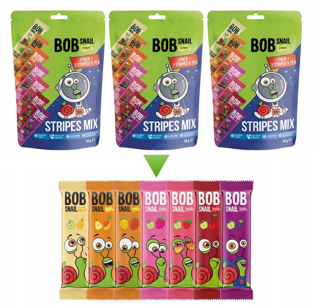 3x BOB SNAIL Pasek 7 Smaków x 14g OWOCOWE PRZEKĄSKI MIX Pasków 100% Owoce
