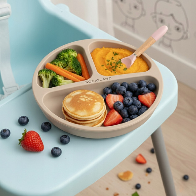 BOCIOLAND Talerzyk Silikonowy TRÓJDZIELNY Z PRZYSSAWKĄ Dla Niemowląt 6M+