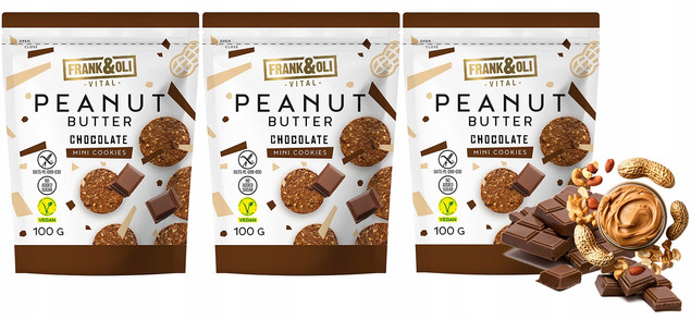 FRANK&OLI Ciasteczka Mini MASŁO ORZECHOWE CZEKOLADA Białko Błonnik 100g x3
