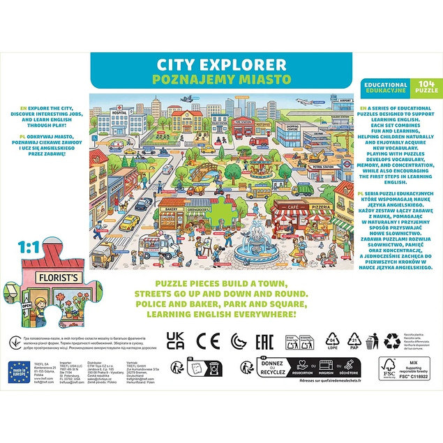 Trefl Puzzle Rodzina Treflików, Edukacyjne 104 el. Poznajemy miasto