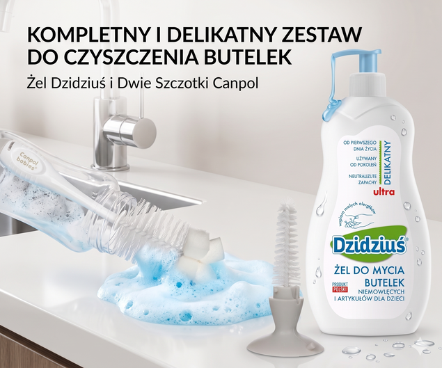 Żel Płyn Do Mycia Butelek Smoczków 500 ml + Szczotka Do Butelek i Smoczków