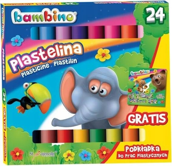 Bambino plastelina szkolna 24 kolory (złota, srebrna brokatowa) + podkładka