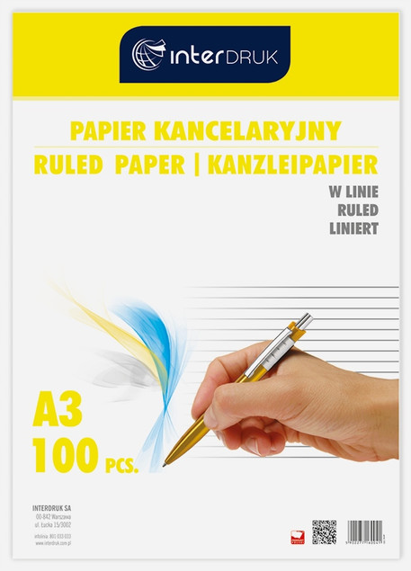 Papier kancelaryjny A3 liniowany 100 kartek Interdruk