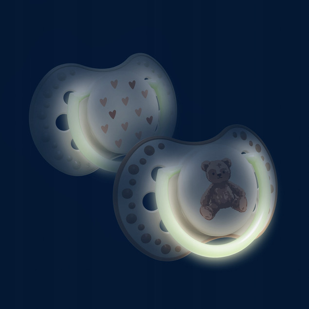 Smoczek Silikonowy Dynamiczny LOVI 6-18m + 2 szt. MIŚ Teddy Świecący