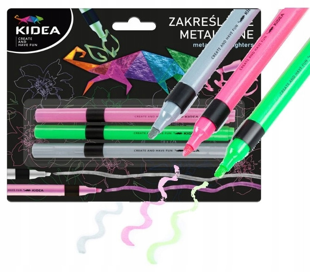 KIDEA Flamastry Zakreślacze METALICZNE 3 Kolory ZIELONY RÓŻOWY SREBRNY