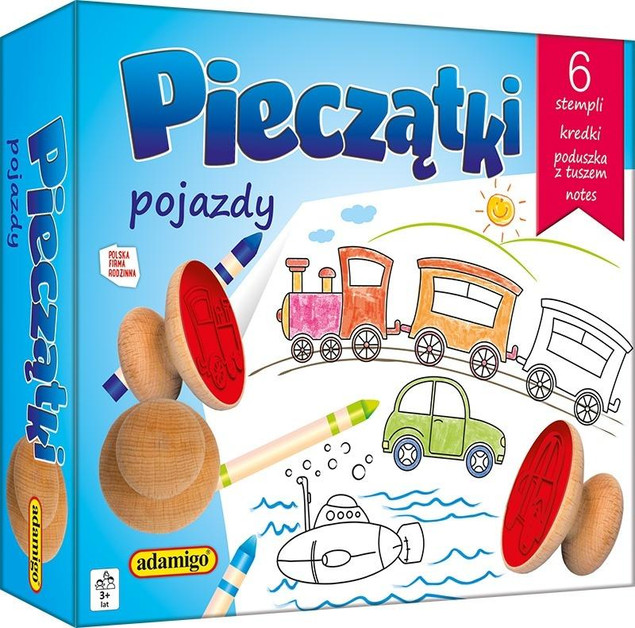 Pieczątki kreatywne pojazdy – zestaw z kredkami i tushem Adamigo