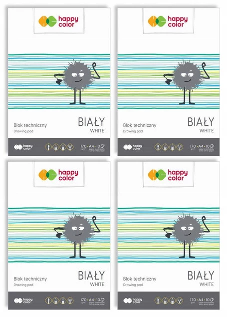 4x Blok Techniczny BIAŁY A4 10 Kartek 170g Happy Color