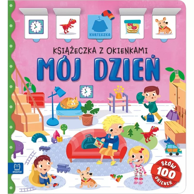 Książeczka z okienkami Mój dzień – Agnieszka Bator, Aksjomat, 100 okienek, 14 stron, format 22x24 cm