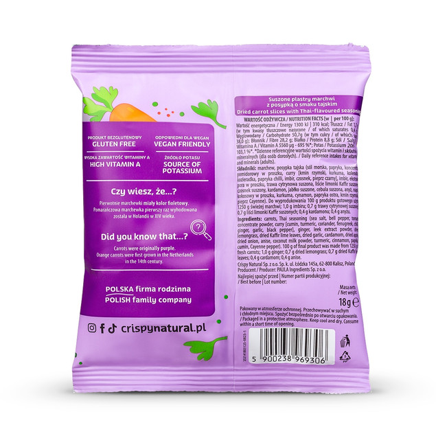 Chipsy Crispy Natural suszone plastry marchew o smaku tajskim 18 g