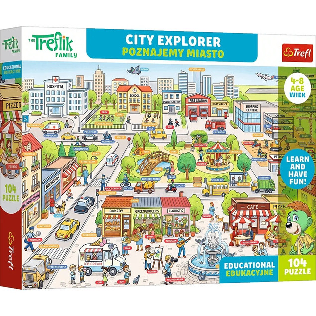 Trefl Puzzle Rodzina Treflików, Edukacyjne 104 el. Poznajemy miasto