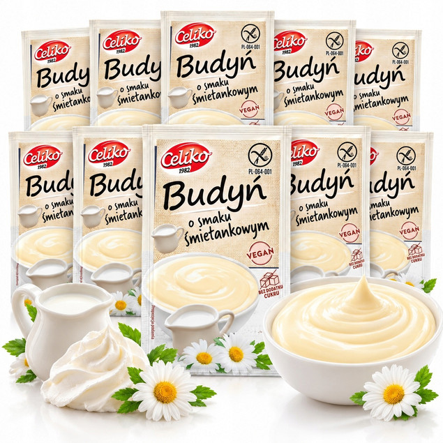10x Budyń śmietankowy bez glutenu, bez cukru, wegański Celiko 40g