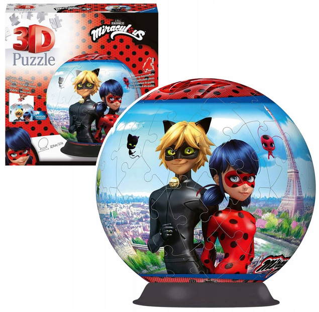 Puzzle 72 3D Układanka Kula Miraculous BIEDRONKA i KOT 10+ Ravensburger