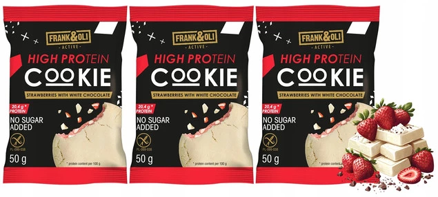 FRANK&OLI Ciastko Proteinowe TRUSKAWKA BIAŁA CZEKOLADA 50g x3