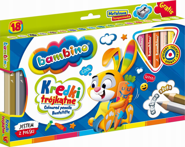 Kredki Trójkątne Szkolne Grube 18 Kolorów Temperówka Bambino