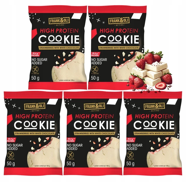 FRANK&OLI Ciastko Proteinowe TRUSKAWKA BIAŁA CZEKOLADA 50g x5