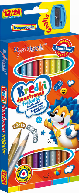 Kredki Szkolne Trójkątne Dwustronne 24 Kolory 12 Sztuk Temperówka Bambino
