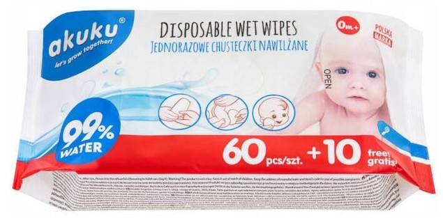 Chusteczki nawilżane 99% wody 70szt Akuku