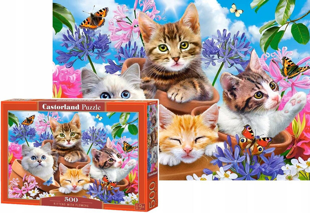 Puzzle 500 Układanka Dla Dzieci Zwierzęta KOTY Kotki W Kwiatach +9 Castor