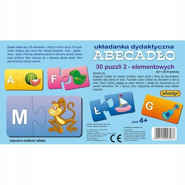 Abecadło Układanka Dydaktyczna Literki Puzzlowe 5+ Adamigo