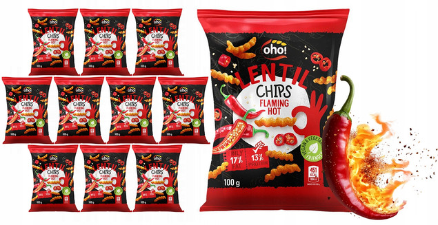 CHIPSY Chrupki z Czerwonej Soczewicy o Smaku FLAMING HOT 100g Oho! x10