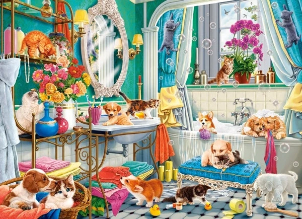 Puzzle 100 Układanka Zwierzęta PIESKI KOTKI Pies Kot Zabawa Wanna 6+ Castor