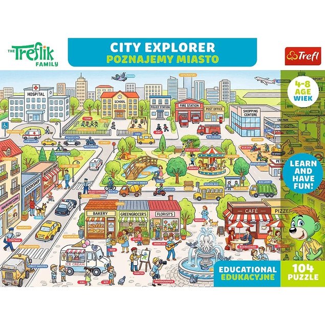 Trefl Puzzle Rodzina Treflików, Edukacyjne 104 el. Poznajemy miasto