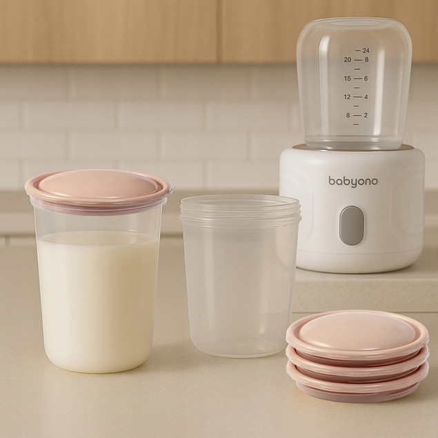 BabyOno Pojemniki na Pokarm Wielorazowe z Miarką i Ustnikiem 4x200ml BPA Free