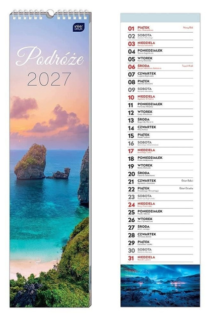 Kalendarz ścienny PODRÓŻE 2027 Interdruk 13,5 × 50 cm